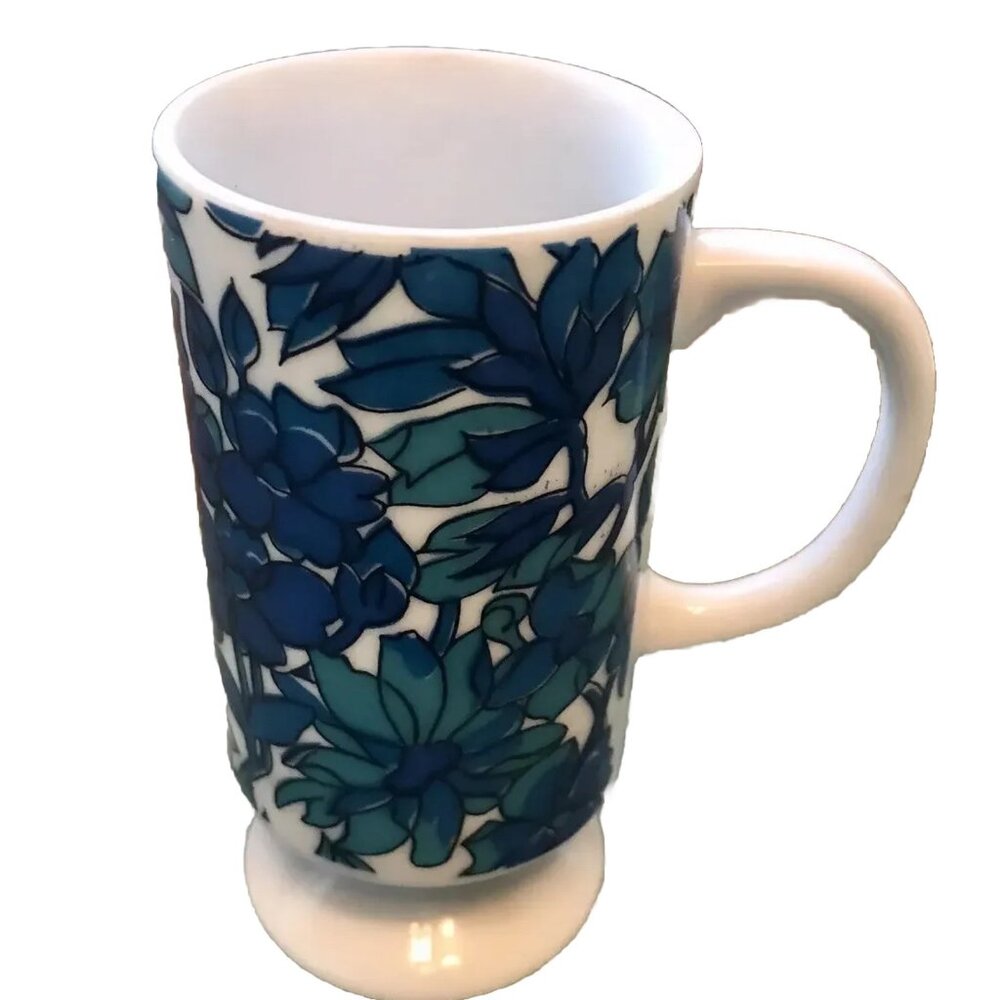 Vtg 60s MCM Porcelain Demitasse Espresso Mug Tea Cup Blue Floral Footed Handle